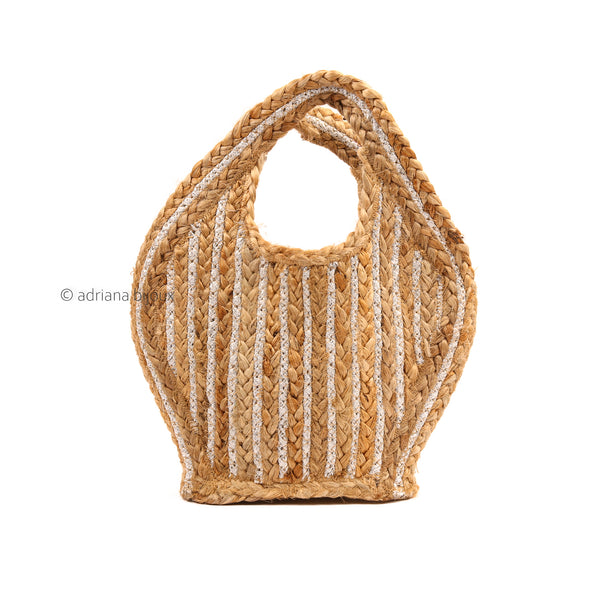 Striped Woven Straw Jute Tote Bag