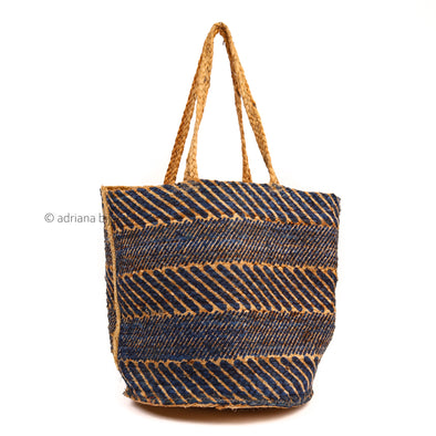 Blue Striped Jute Beach Bag