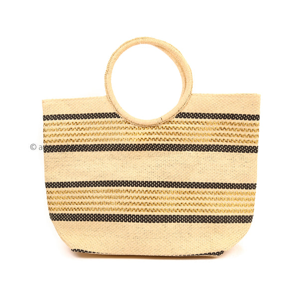 Black and Gold Stripe Straw Tote Bag