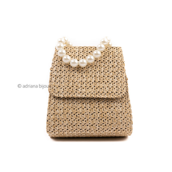 Small Straw Bag with Pearl Handle