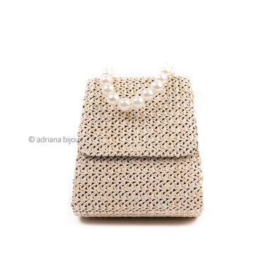 Small Straw Bag with Pearl Handle