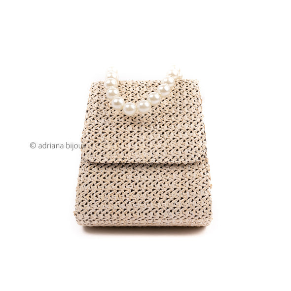 Small Straw Bag with Pearl Handle